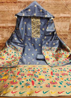 grey pure taffeta paithani work unstitched dress material 2