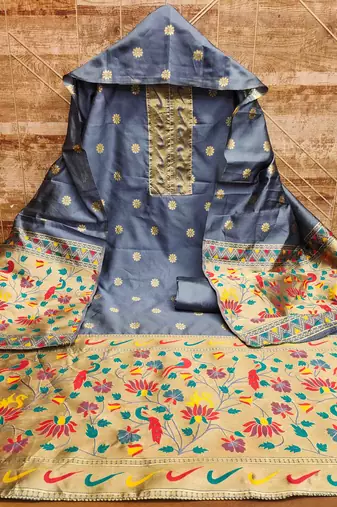 grey pure taffeta paithani work unstitched dress material