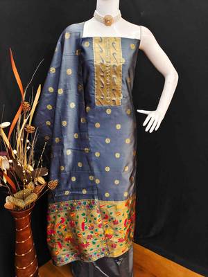 grey pure taffeta paithani work unstitched dress material 3