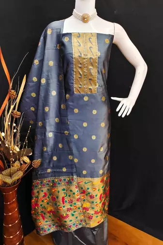 grey pure taffeta paithani work unstitched dress material