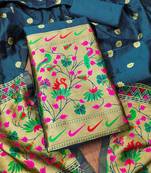 navy blue pure taffeta paithani work unstitched dress material