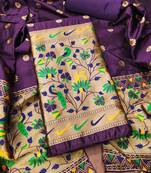 purple pure taffeta paithani work unstitched dress material