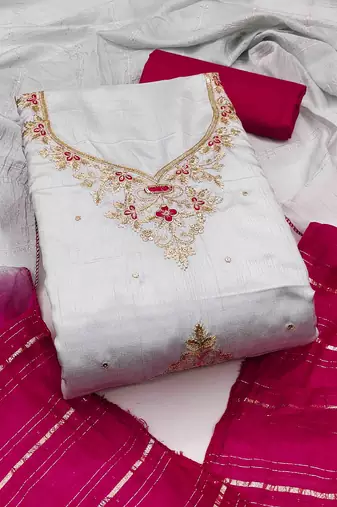 grey coco silk zari embroidered work unstitched dress material