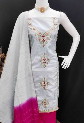 grey coco silk zari embroidered work unstitched dress material 4