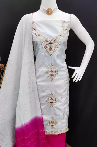 grey coco silk zari embroidered work unstitched dress material