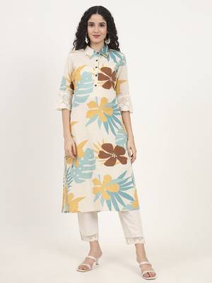 teal floral printed cotton kurta 1