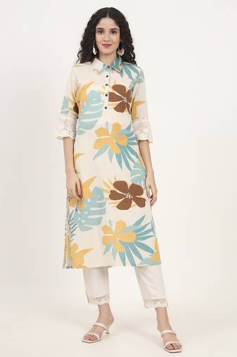 teal floral printed cotton kurta
