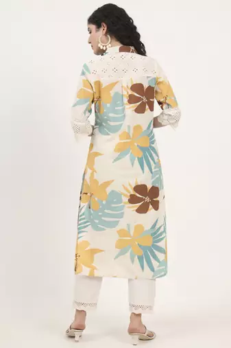 teal floral printed cotton kurta