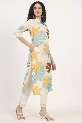 teal floral printed cotton kurta
