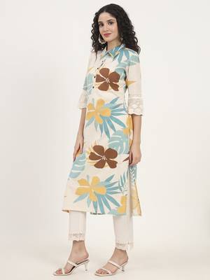 teal floral printed cotton kurta 4