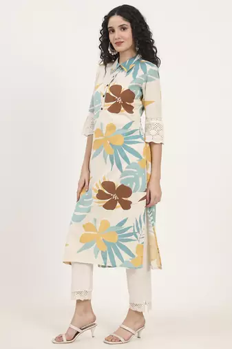 teal floral printed cotton kurta