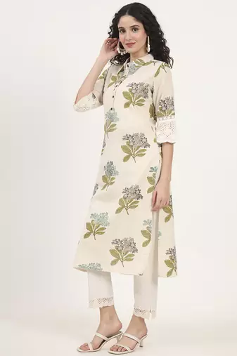 green floral printed cotton kurta