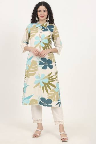 blue floral printed cotton kurta