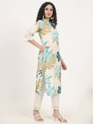 blue floral printed cotton kurta 3
