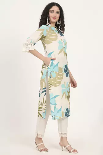 blue floral printed cotton kurta