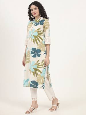 blue floral printed cotton kurta 4