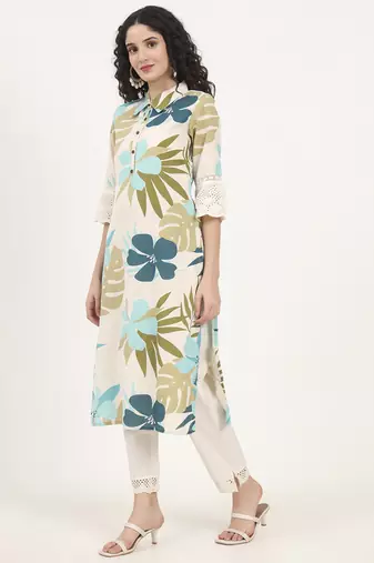 blue floral printed cotton kurta