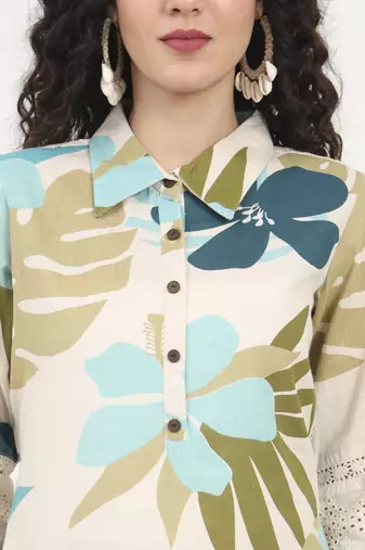 blue floral printed cotton kurta
