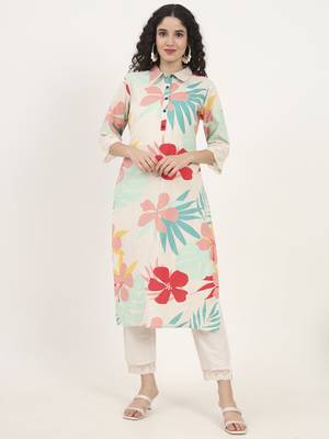 turquoise blue floral printed cotton kurta 1