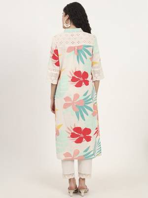 turquoise blue floral printed cotton kurta 2