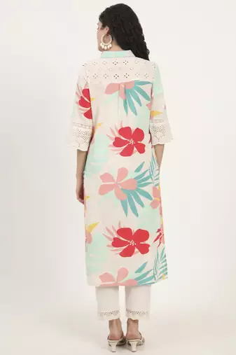 turquoise blue floral printed cotton kurta