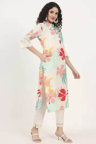 turquoise blue floral printed cotton kurta