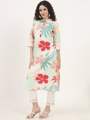 turquoise blue floral printed cotton kurta 4