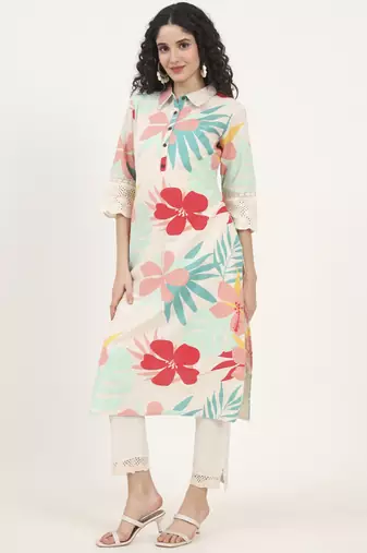 turquoise blue floral printed cotton kurta