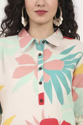 turquoise blue floral printed cotton kurta