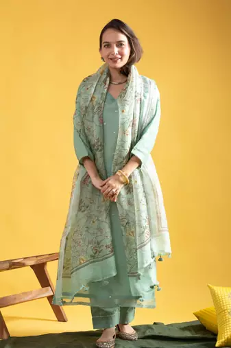 Women's Viscose Chanderi Straight Kurta Pant and Dupatta Set