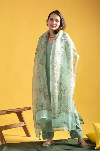 Women's Viscose Chanderi Straight Kurta Pant and Dupatta Set