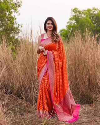 Orange and Pink art Banarasi Silk Saree With Blouse Piece. 1