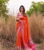 Orange and Pink art Banarasi Silk Saree With Blouse Piece.