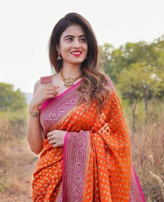Orange and Pink art Banarasi Silk Saree With Blouse Piece. 2