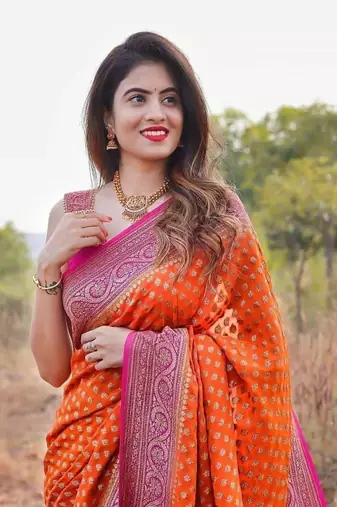 Orange and Pink art Banarasi Silk Saree With Blouse Piece.