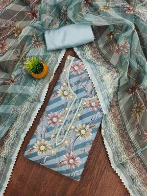 sky blue organza emebllished unstitched dress material 1