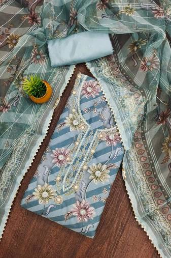 sky blue organza emebllished unstitched dress material