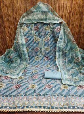 sky blue organza emebllished unstitched dress material 2