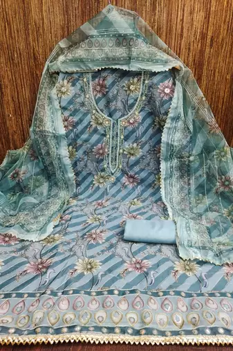 sky blue organza emebllished unstitched dress material