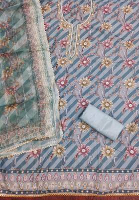 sky blue organza emebllished unstitched dress material 3