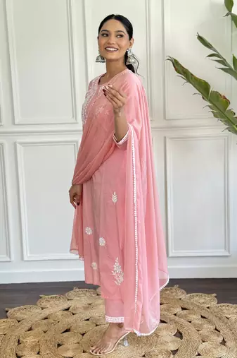 Chikankari Work with Pure Cotton Straight Kurta Pant and Dupatta Set