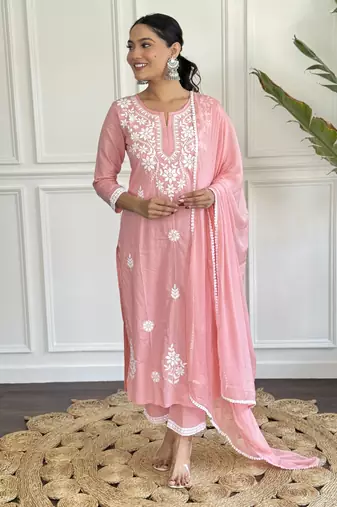 Chikankari Work with Pure Cotton Straight Kurta Pant and Dupatta Set