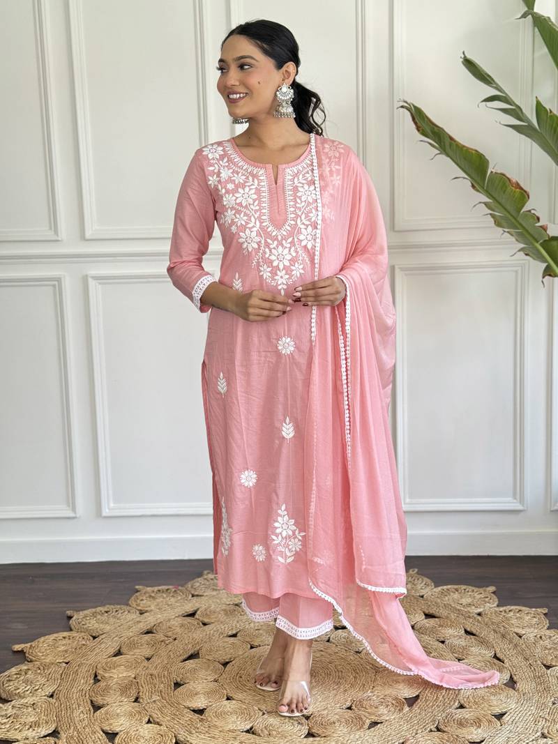 Chikankari Work with Pure Cotton Fabric Straight Kurta, Pant and Dupatta Set