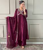 Embroidered Vichitra Silk Fabric Straight Kurta, Pant and Dupatta Set