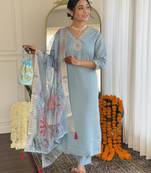 Embroidered Roman Silk Fabric Straight Kurta, Pant and Dupatta Set
