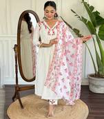 Women's Off White Viscose Rayon Embroidered Flared Kurta, Pant and Dupatta Set
