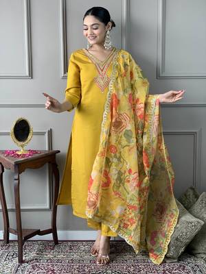 Women's Mustard Chanderi Embroidered Straight Kurta Pant and Dupatta Set 1