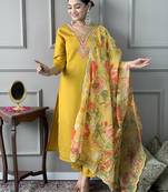 Women's Mustard Chanderi Embroidered Straight Kurta Pant and Dupatta Set