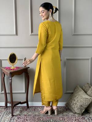 Women's Mustard Chanderi Embroidered Straight Kurta Pant and Dupatta Set 2