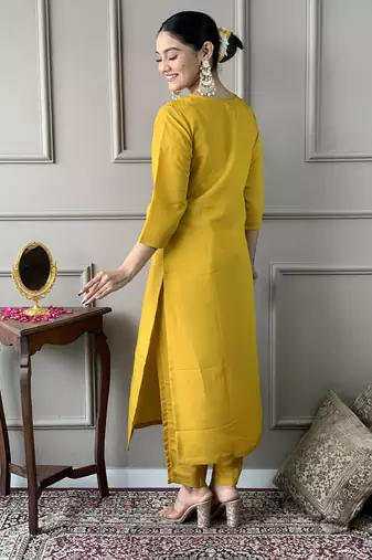 Women's Mustard Chanderi Embroidered Straight Kurta Pant and Dupatta Set